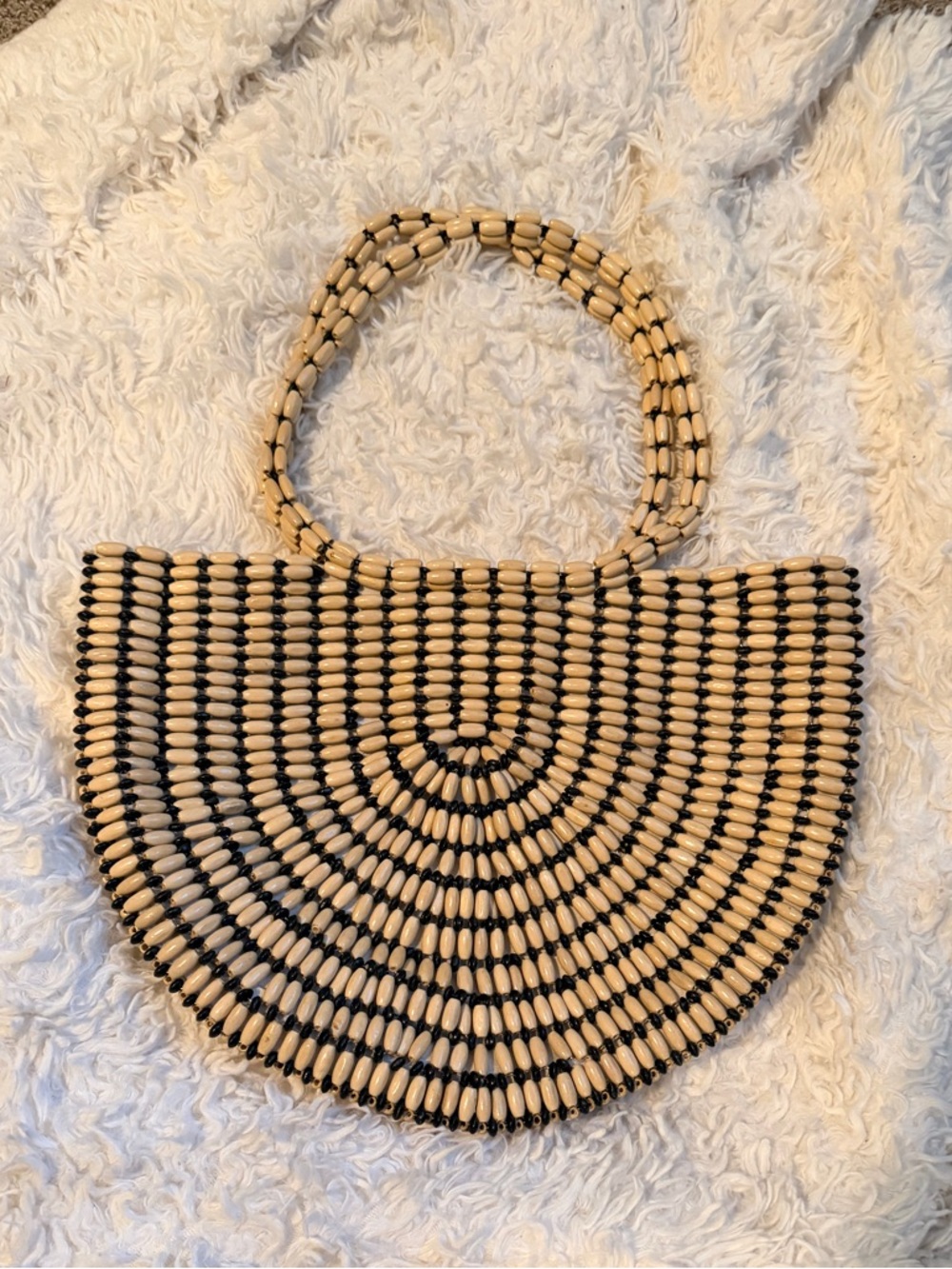 Rachel Ashland Handcrafted Beaded Semi-Circle Tote in Natural and Black